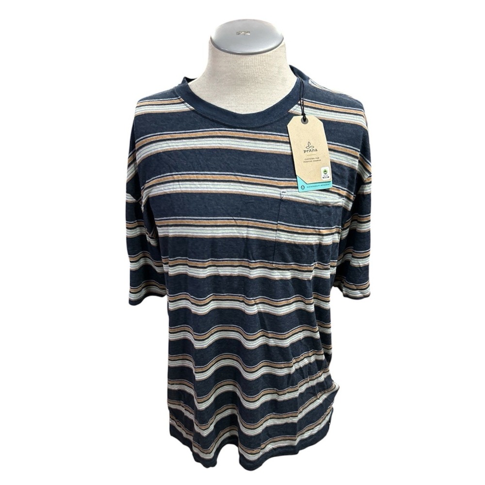 Prana Cardiff Mens SS Pocket T Shirt XXL Nautical Stripe 2XL Hemp Blend 1969891